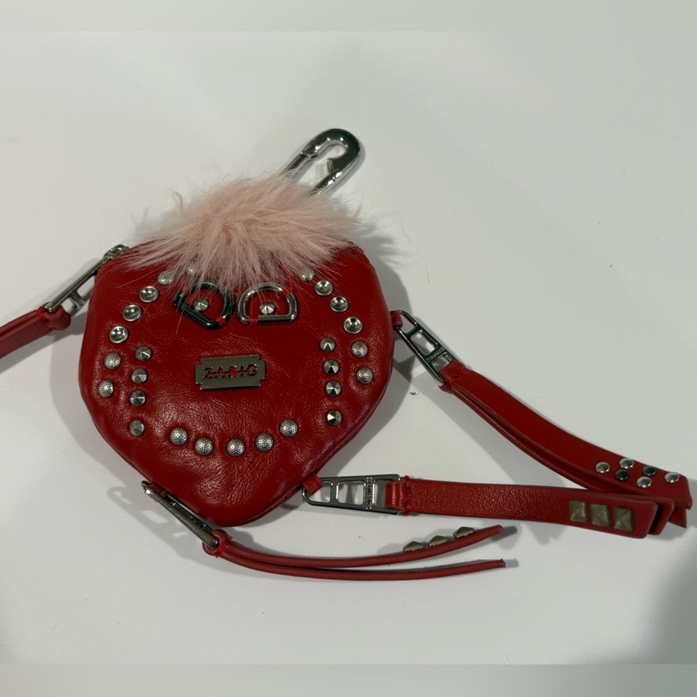 Zadig & Voltaire Red Leather Charm with Light Pink Fur Pom